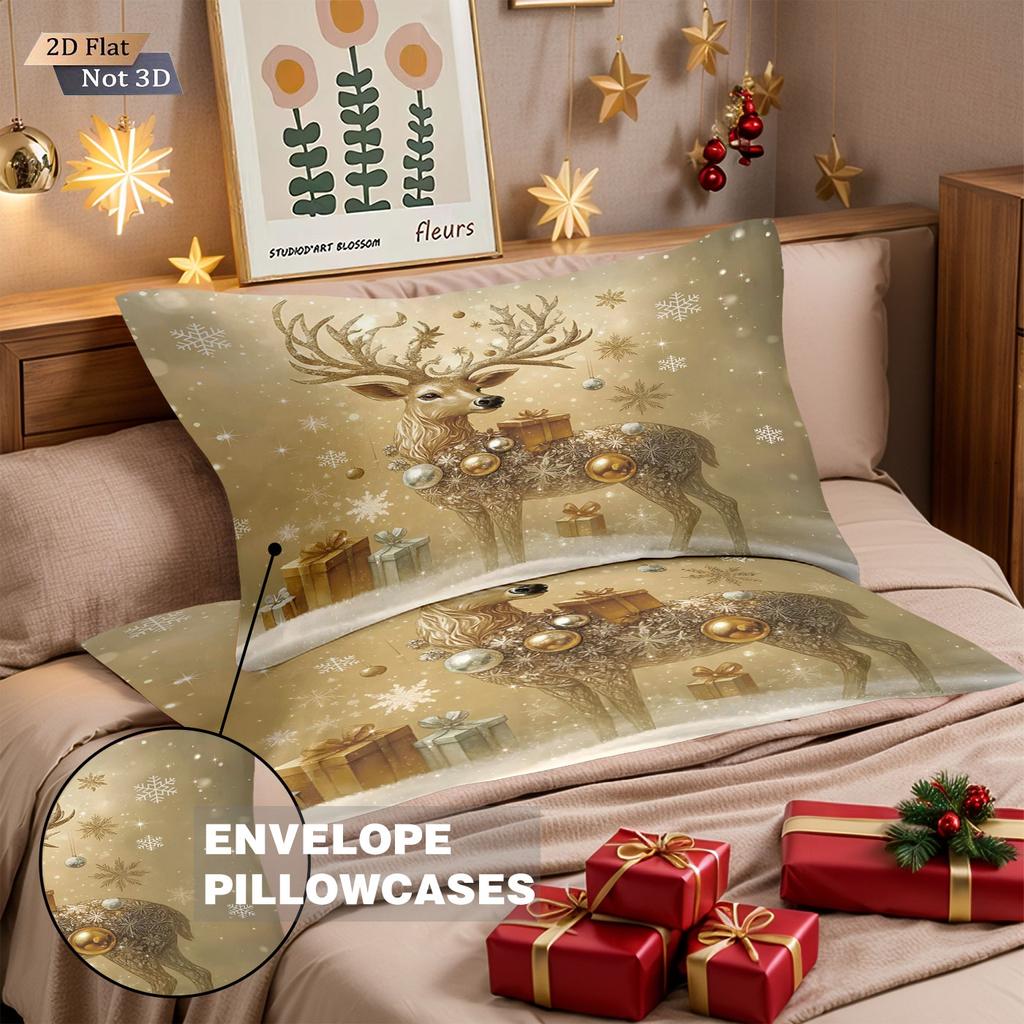 3pcs Christmas Gold Deer Print Coreless Duvet Set Multi Size Bedroom Bedding Holiday Decoration Soft Machine Washable