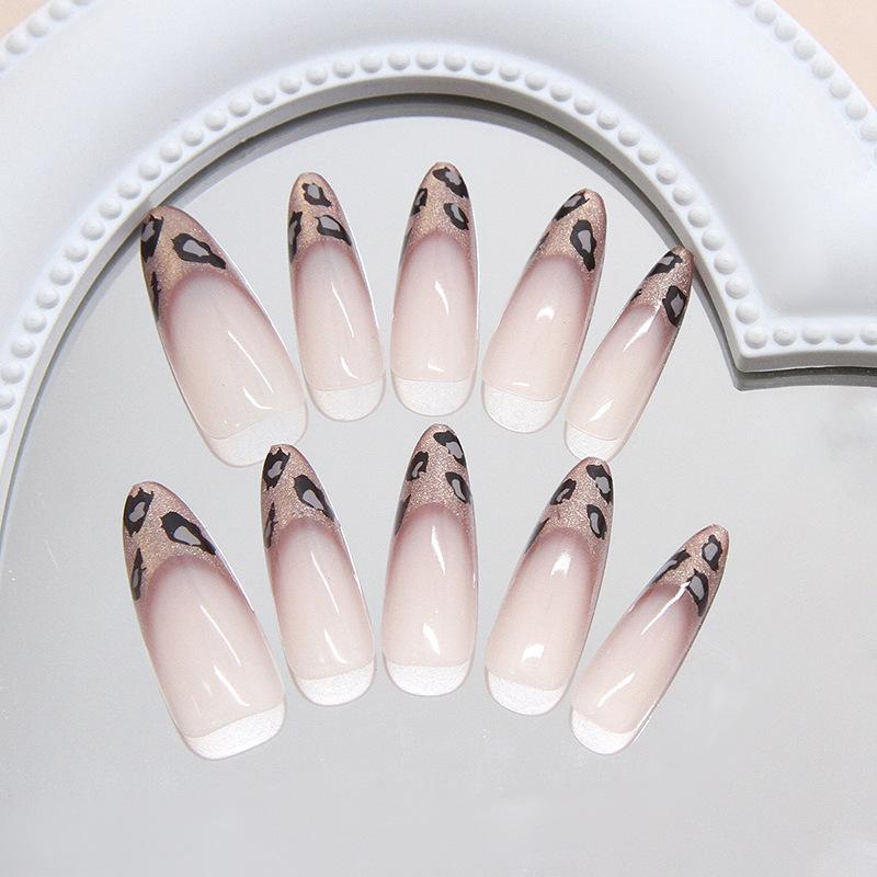 BEPAN 24pcs French Cat Eye Leopard Print Press on Nails Simple Short Nails Full Cover Wearable False Nails