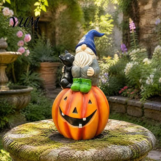 Autumn Home Accents Halloween Gnome Outdoor Garden Statue, Resin On Pumpkin Figurine with Desktop Shelf Decorations Black Cat, Fall Dwarf Sculpture