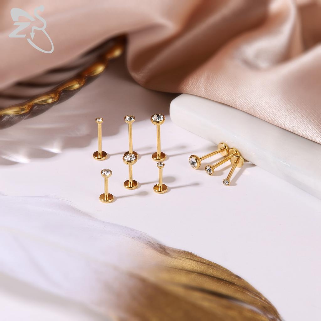 ZS 10 Pcs/lot Gold Color 16/18G Stainless Steel Labret Lip Piercing Men CZ Crystal Ear Cartilage Tragus Helix Piercings 6/8/10MM