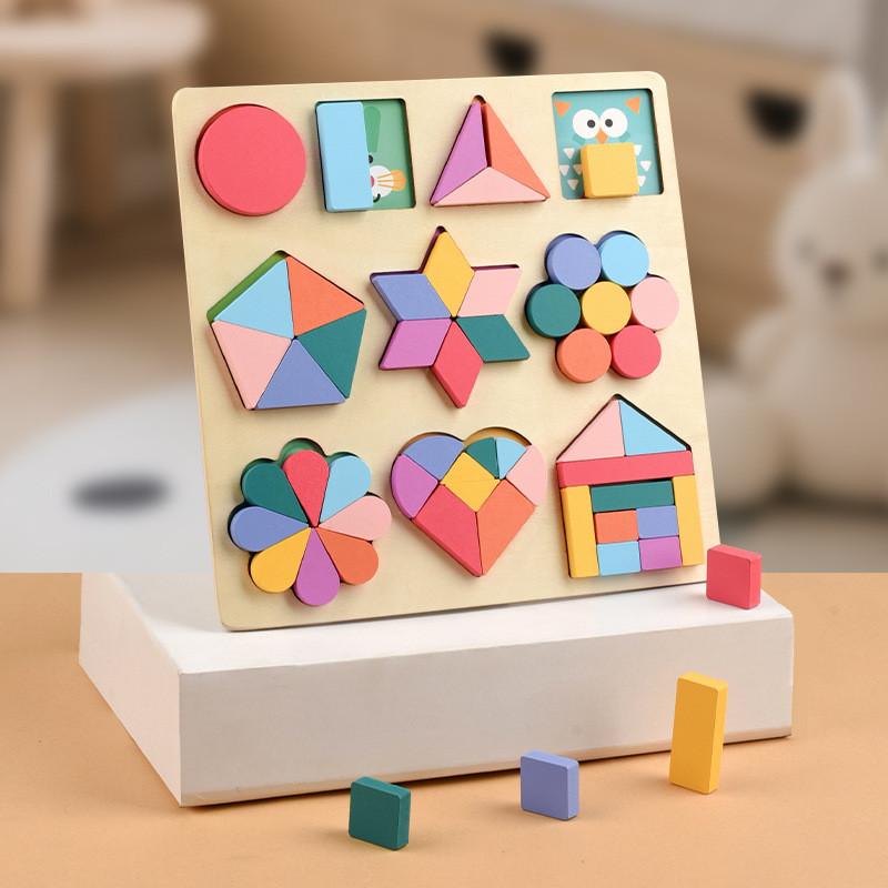 

Wooden Shape Puzzle For Toddlers With Geometric And Farm Animal Designs For Early Learning Style E