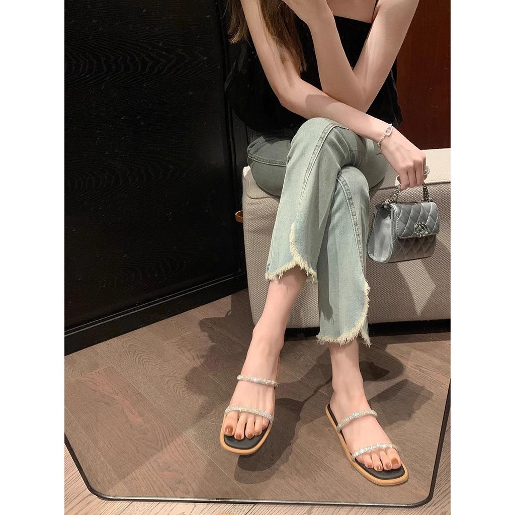 Sheepskin Version~ Simple Square Head Sparkling Double Word with Flat Bottom Padded Slippers for Women