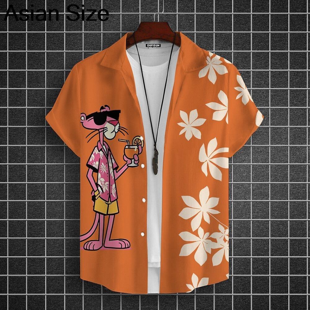 Cartoon Leopard Grafik Herren Kurzarm Hemd mit Kragen Oberteile Unisex Rosa Knopfleiste Hawaiian Hemden Sommer Täglich Damen Blusen