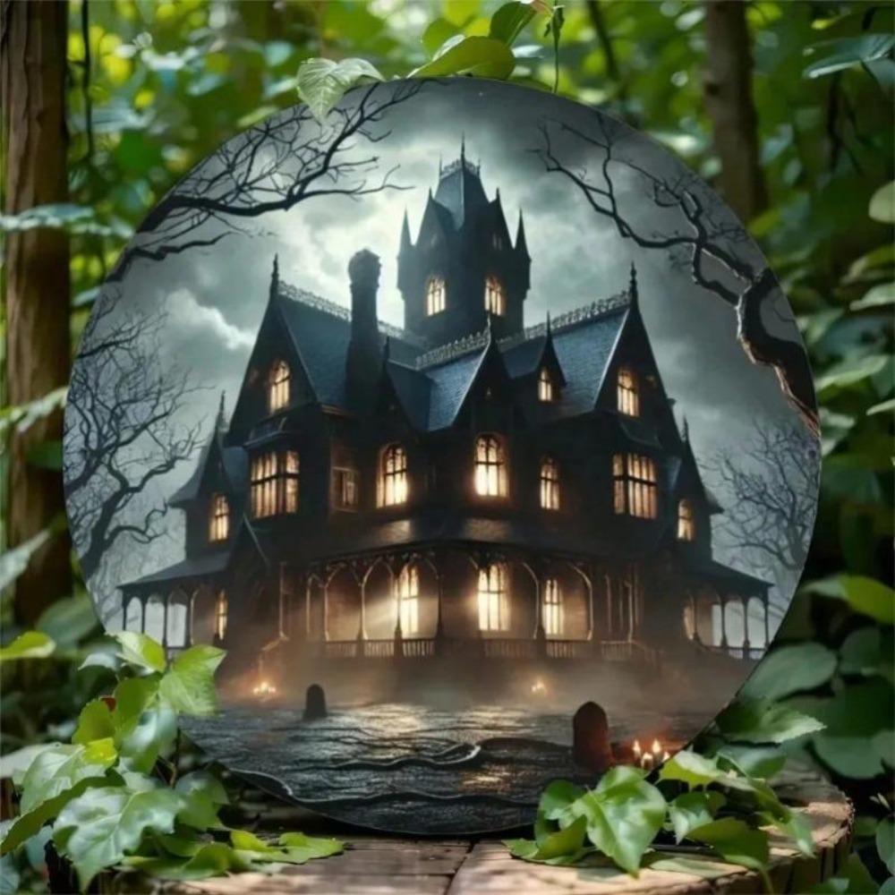 Spooky Halloween Castle Metal Sign Circular Iron Wall Decor for Bar Cafe Home