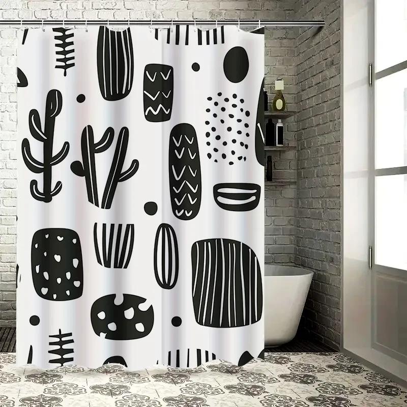 Moderner Schwarz-Weiß Geometrischer Badezimmer Duschvorhang Dekoratives Wohnaccessoire für Badezimmer