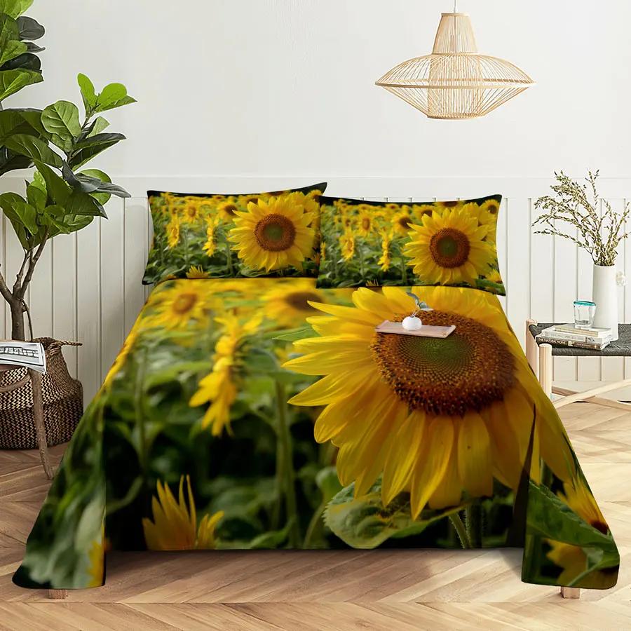 Sunflower Bed Sheets and Pillowcases for Single Double Beds Bedsheets Set with Pillow Case 2pcs 3pcs Queen Full Size 3D Soft