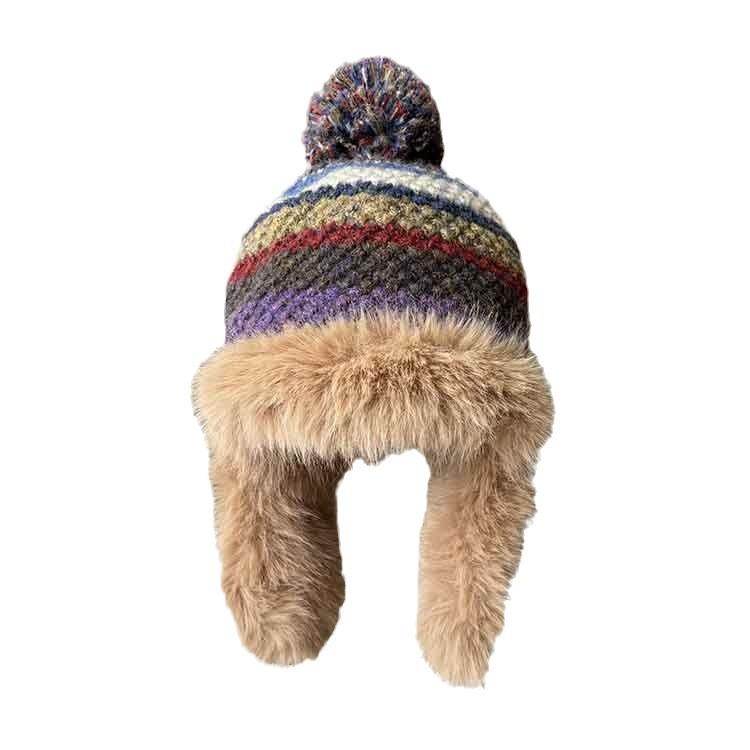 Northeast plush cute ear protection hat women's winter warm knitted wool headgear retro color striped Lei Feng hat