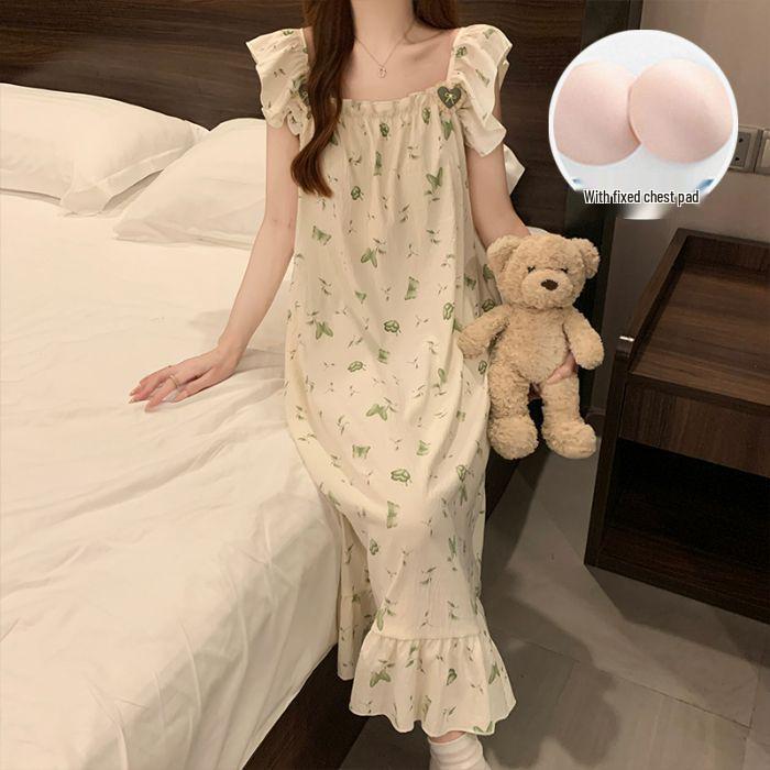 Women's Sweet Fairy Style Thin Cloud Cotton Camisole Nightgown with Built-in Bra for Indoor and Outdoor Wear