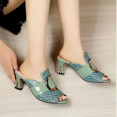 Sommer Mode Damen Sandalen Elegant Dicke Hohe Absätze Hausschuhe Bequem Fischmund Lässig Metall Schnalle Slides Schuhe 35-41