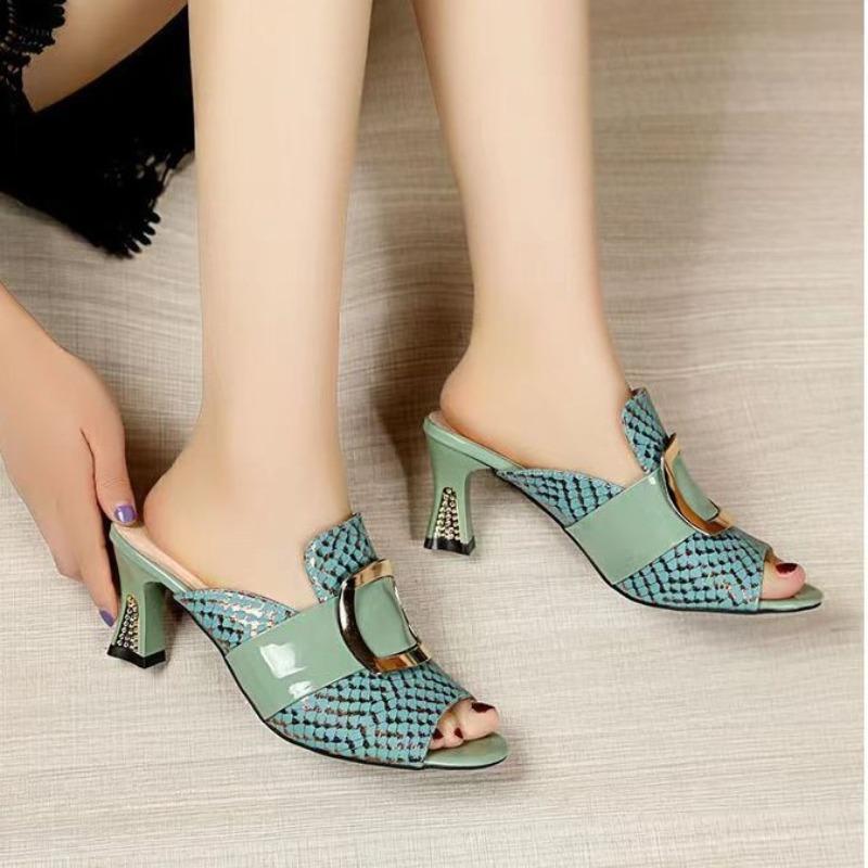 Summer Fashion Women Sandals Elegant Thick High Heels Slippers Comfortable Fish Mouth Casual Metal Buckle Slides Shoes 35-41