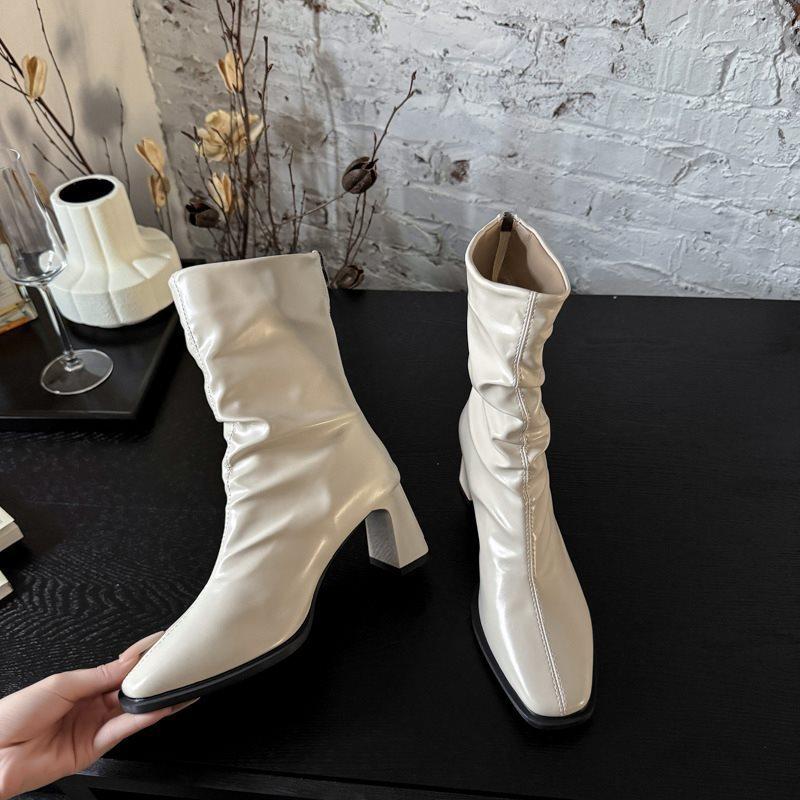 

2025 medium boots black pleated square head high heel new thick heel retro thin boots short women s boots French stacking 40