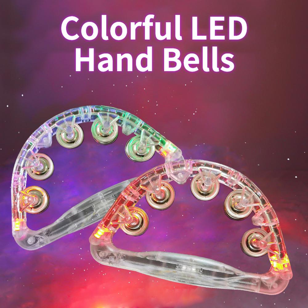 Colorful LED Hand Bells Double Row Handheld Tambourine Metal Jingles with 3 Lighting Modes Switchable Hand Held Plastic