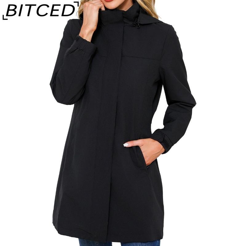 BITCED Spring/Fall Detachable-Cap Water-Resistant Trench Coat for Women Solid Color Long-Sleeve Lightweight Jacket Casual Women's Wear