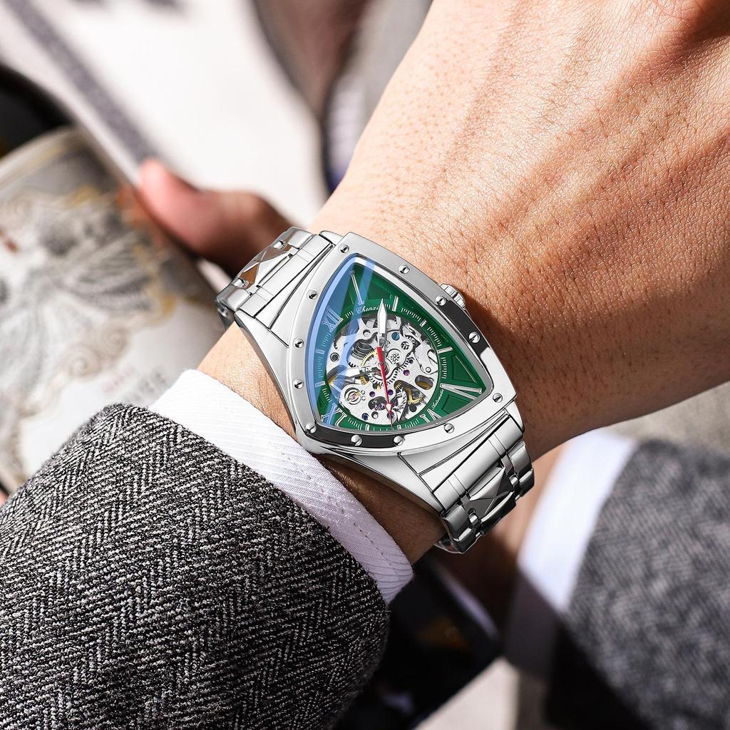 CHENXI Men's Triangle Skeleton Mechanical Watch Unique Design Water Resistant Luminous Stainless Steel/Black Leather Strap Business Watches