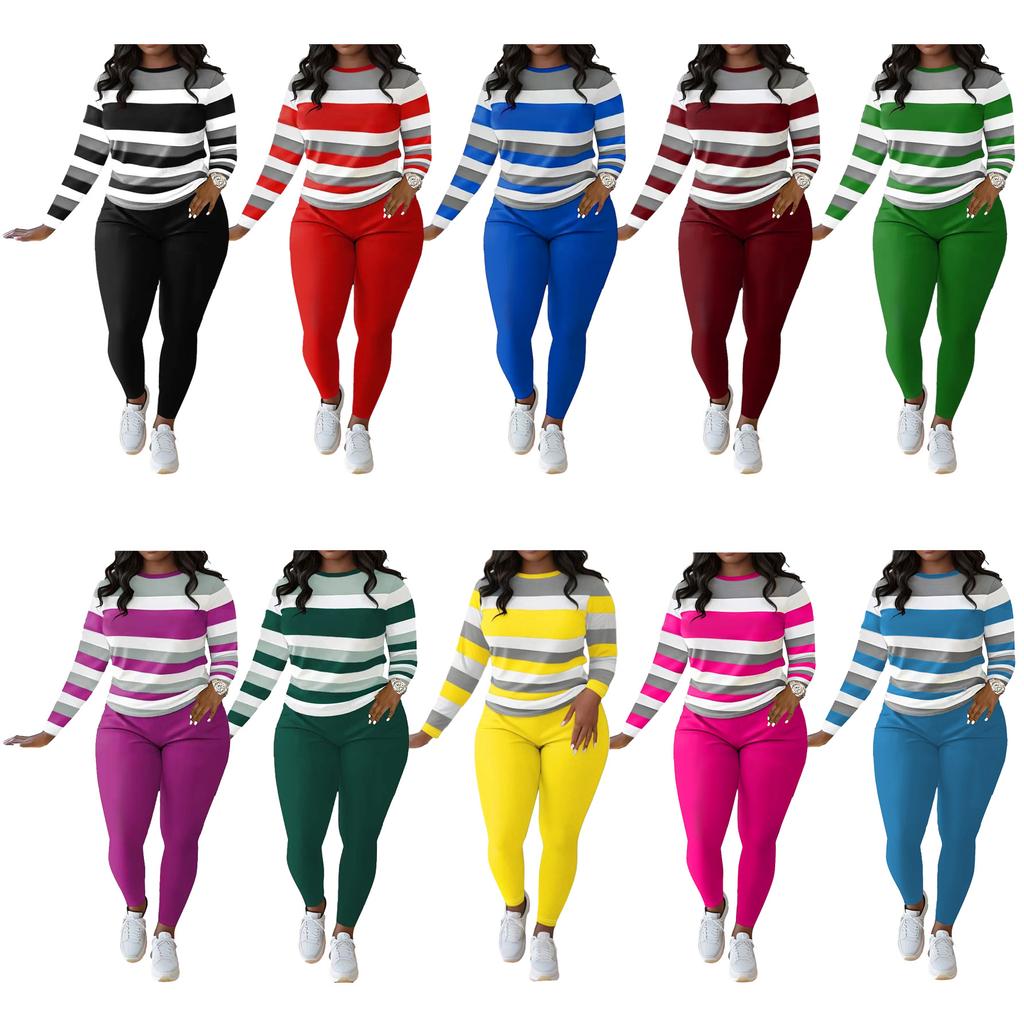 Women Striped Long Sleeve Top and Solid Color Pants Tracksuit Set Casual Two Piece Outfit
