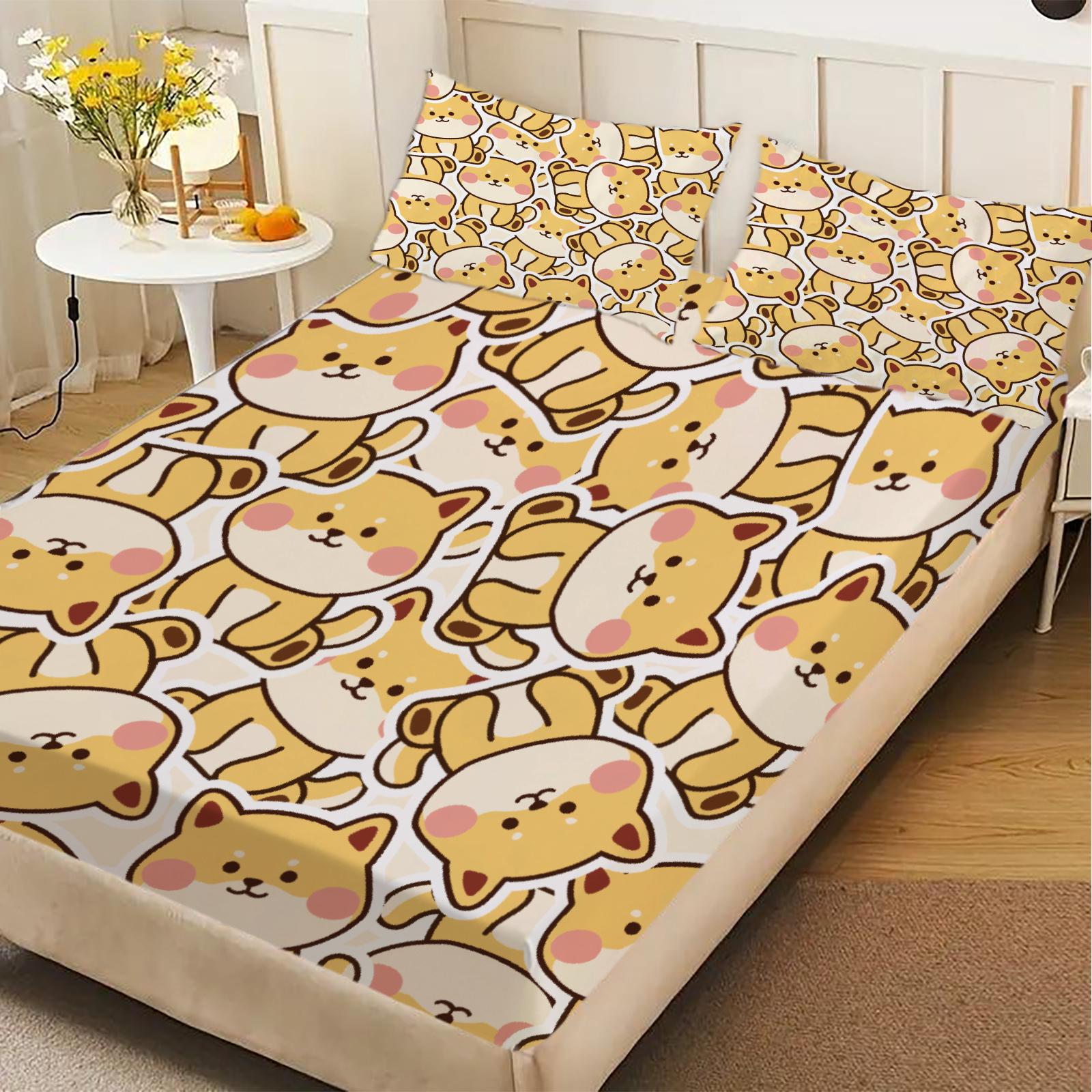 

3pcs Fitted Sheet Set Cute Dog Pattern Print Design Anti-Slip Easy Care Bed Sheet With Pillowcases For Bedroom Decor 99x190x25cm