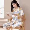 Women'S Pajamas Summer Cardigan Cotton Cartoon Plaid Bear Soft Skin-Friendly Student Dormitory Loungewear Two-Piece Set