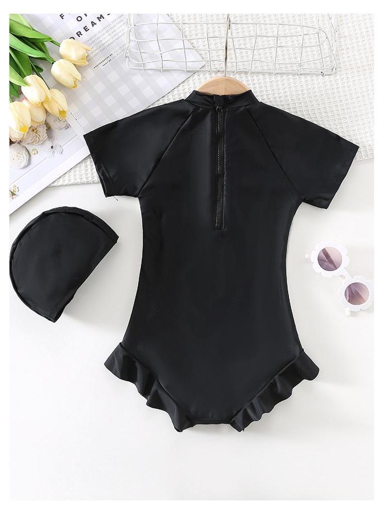 In Stock: New Girls' Quick-Drying Short Sleeve One-Piece Swimsuit with Sun Protection