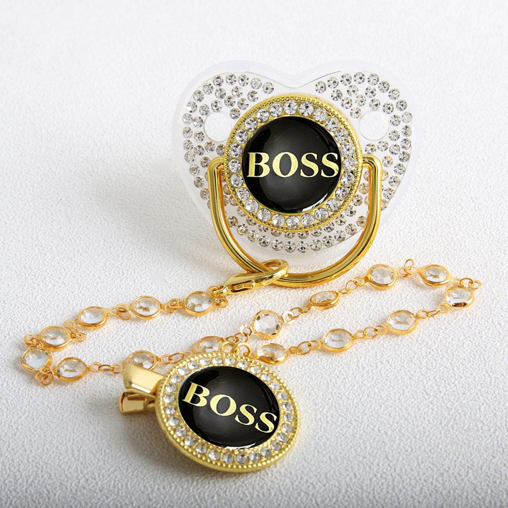 Gold Diamond Pacifier with Chain Clip