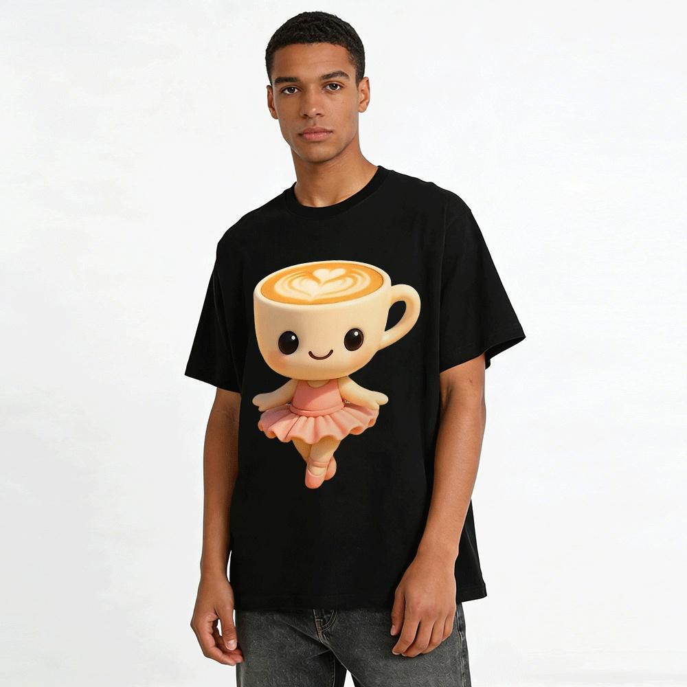 Cute Ballet Coffee Cup Print Casual Short Sleeve Top Pure cotton T-shirt