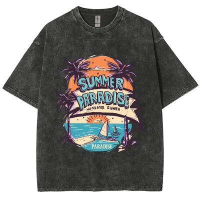 T-shirt da Donna Unisex American Vintage Stampa Palma Spiaggia di Palm Beach Oversize Larga Lavata Manica Corta Base Top Tee