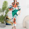 Elegant Pleated Print Batwing Sleeve Wrap Dress V-Neck Loose Fit Midi To Maxi Length Women