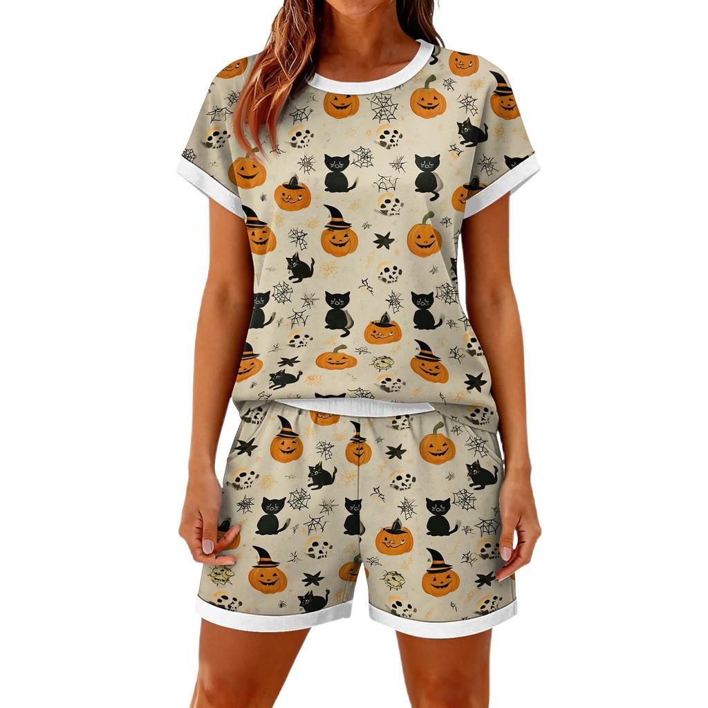 Women's Halloween Color-Block Print Casual 2-Piece Set - Holiday Themed Top and Pants for Women - Fun Cute Great for Parties