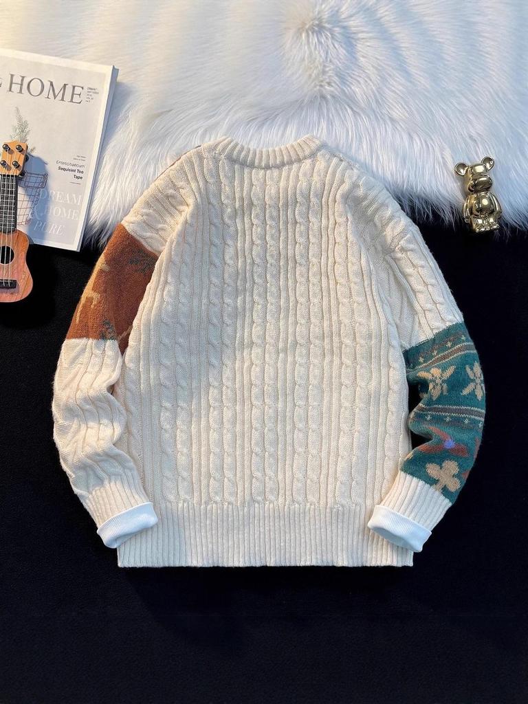 Men's Retro Patchwork Loose Knit Sweater - Winter Base Layer Outerwear