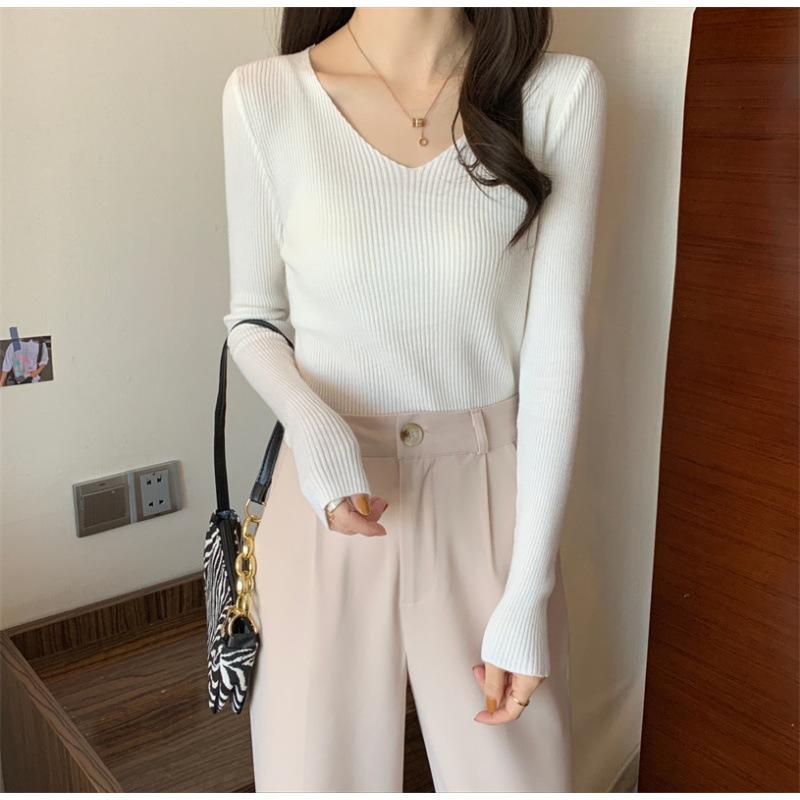 Frühlings-V-Ausschnitt Gestricktes Langarm Slim Fit Warmes Unterhemd Retro Pullover für Damen