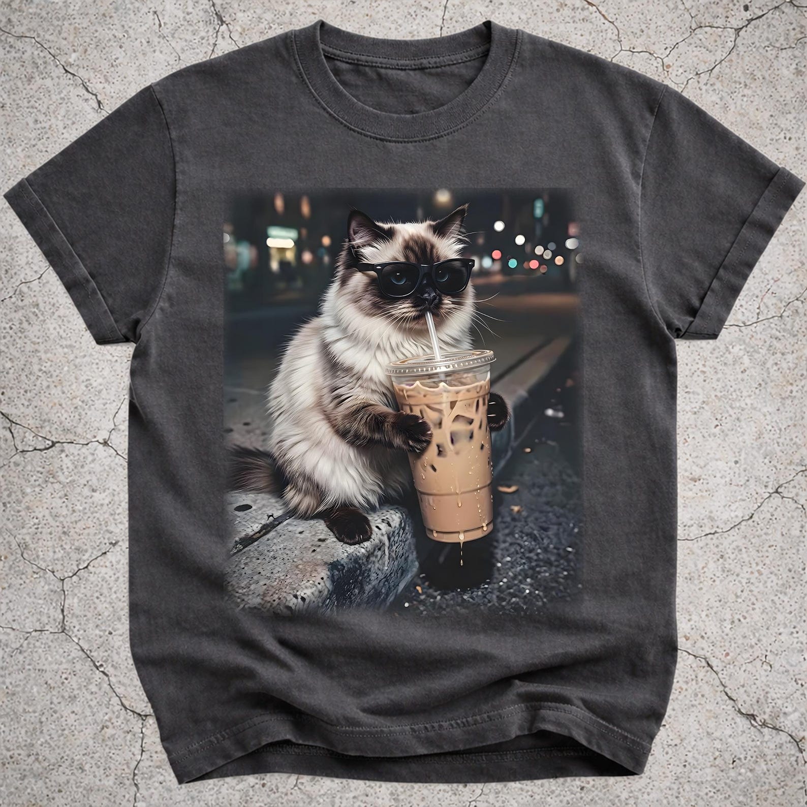 Funny Himalayan Cat Drinking Iced Coffee Shirt, Cat Mom Gift, Fluffy Cat Tee XL