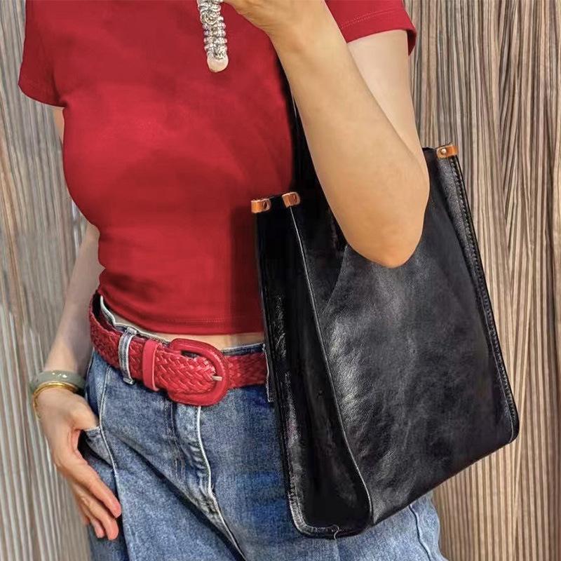 Taška přes rameno z lícové kůže, Retro texturovaná dojížděcí taška, Niche casual dámská taška, Podpažní taška