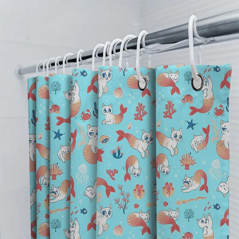 Cute Cat Fish Bathroom Decor Shower Curtain Ocean Marine Sea Animal Pattern Home Waterproof Fabric
