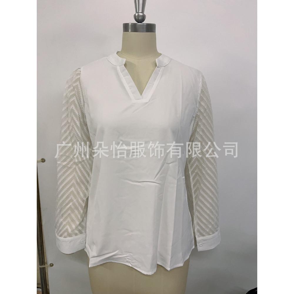 Women's V-Neck Long Sleeve Chiffon Blouse with Textured Chevron Mesh Sleeves Elegant Office Top