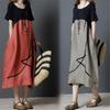 Women Color Block Linen Cotton Midi Dress Loose Oversized Short Sleeve Abstract Line Embroidery Casual Vintage Ethnic Mother Dress With Pocket