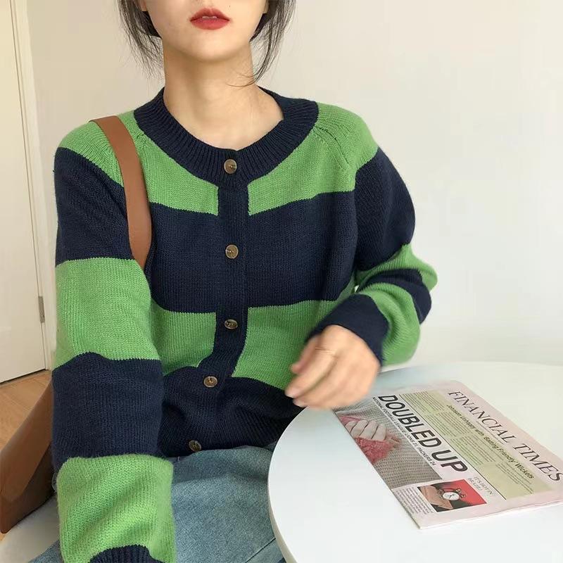 Autumn and Winter Fashion Loose Striped Knitted Cardigan Women's Casual Single-breasted Sweater Female