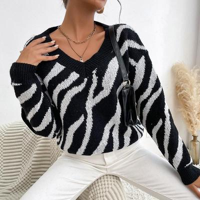 Women's Fashion Casual Fall Winter Colour Block Print Long Sleeve V-Neck Tops Women's Clothing Woolen Knitwear Sweaters