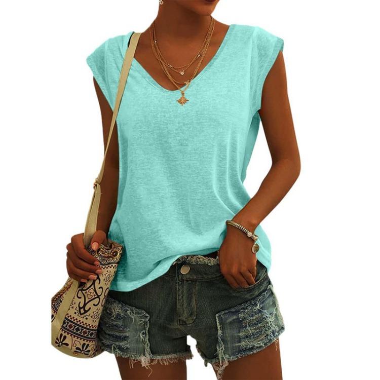 Women Fashion Casual V Neck Loose T-Shirt Solid Color Short Sleeve Top
