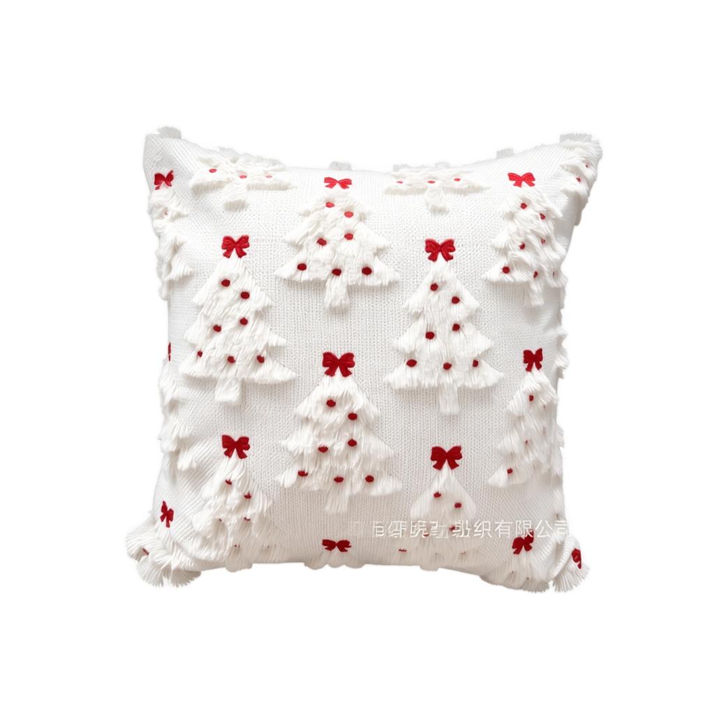 Christmas Embroidered Throw Pillow Cover 45x45cm Decorative Cushion Case with Textured Tree and Bow Patterns for Holiday Home Decor