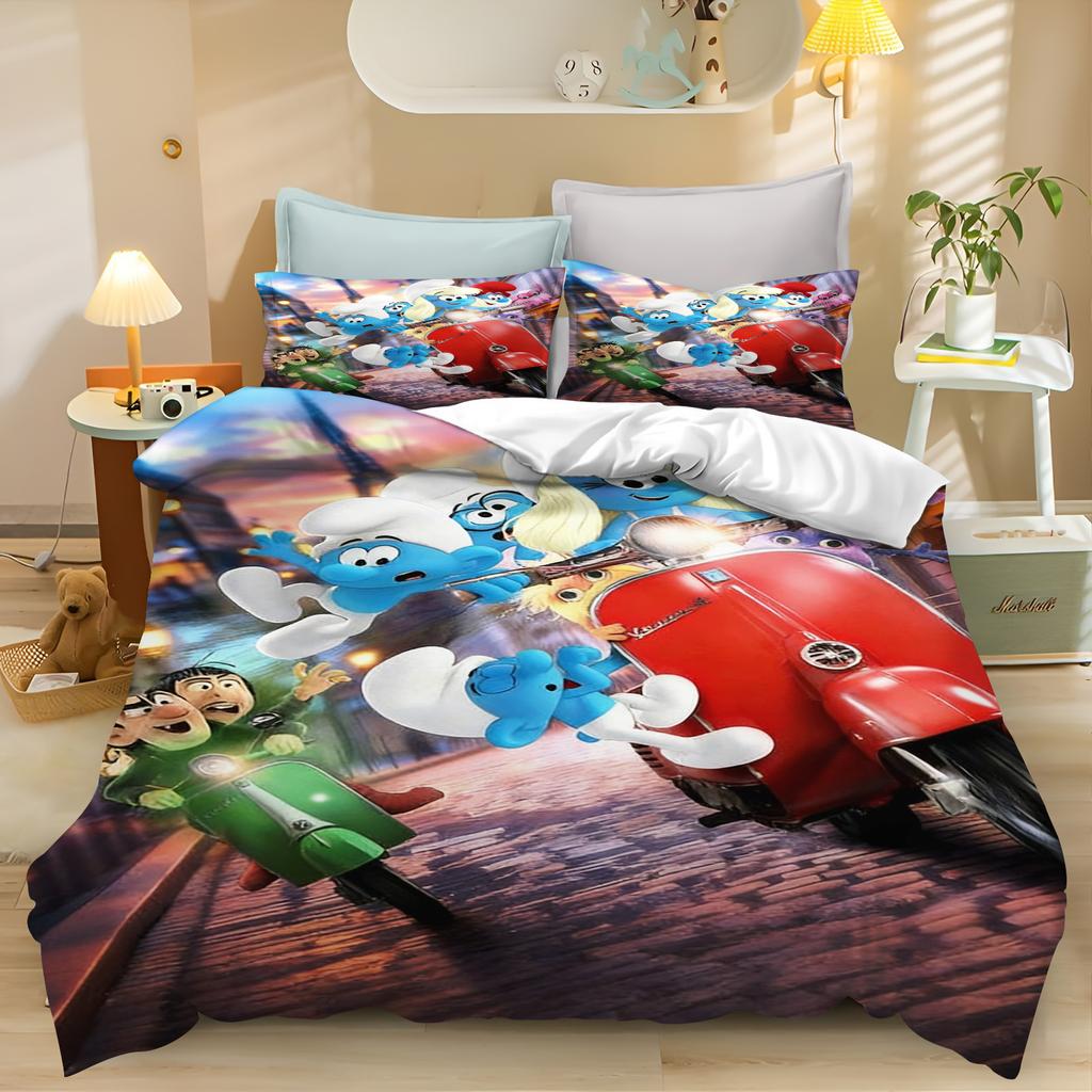 Die Schlümpfe Staffel Anime, Komfort-Bettwäsche für Zuhause und Schlafzimmer, Nordisches Polyester-Material, geeignet für Kinder und Erwachsene, 3-teiliges Set
