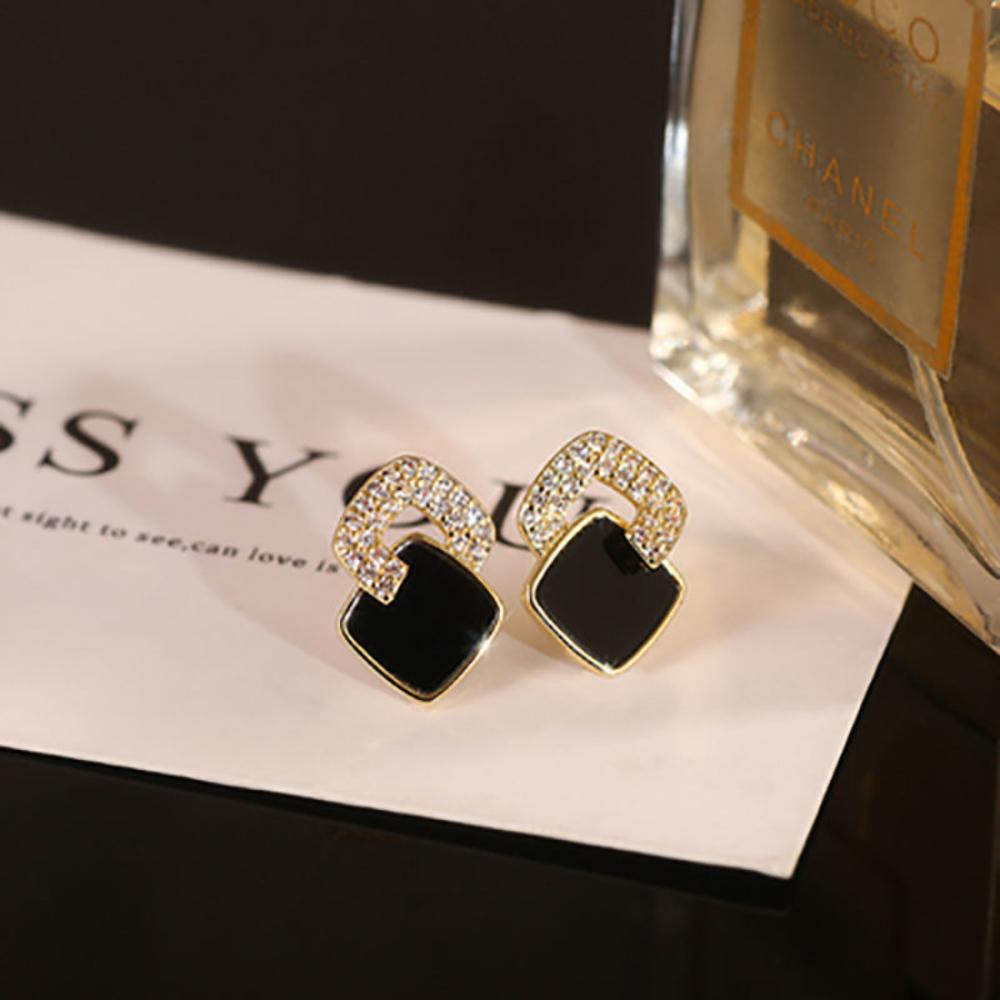 New Trending Black Geometric Square Stud Earrings for Women  Fashion High Sense Zircon Korean Earrings Designer Luxury Jewelry