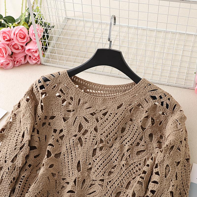 2024 Plus Size French Crochet Hollow Knit Long Sleeve Cardigan for Women - Retro Autumn Sweater Top