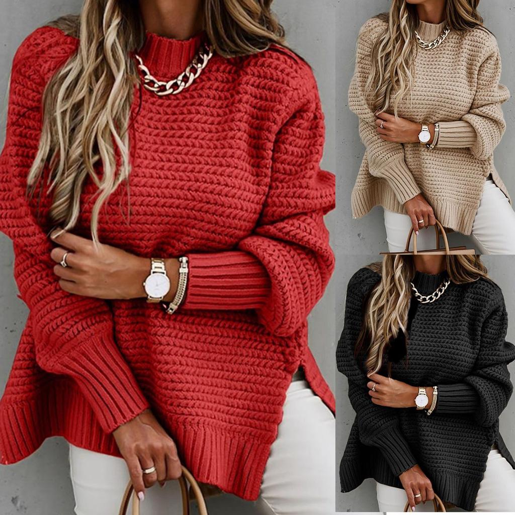 Women  Loose Casual Solid Stitching Long-Sleeved Knitted Sweater