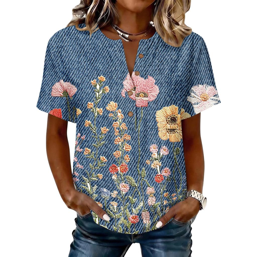 Women's Vintage Floral Print Henley Button Neck Short Sleeve Shirt Lightweight Cotton Linen Blend Casual Top for Everyday Wear