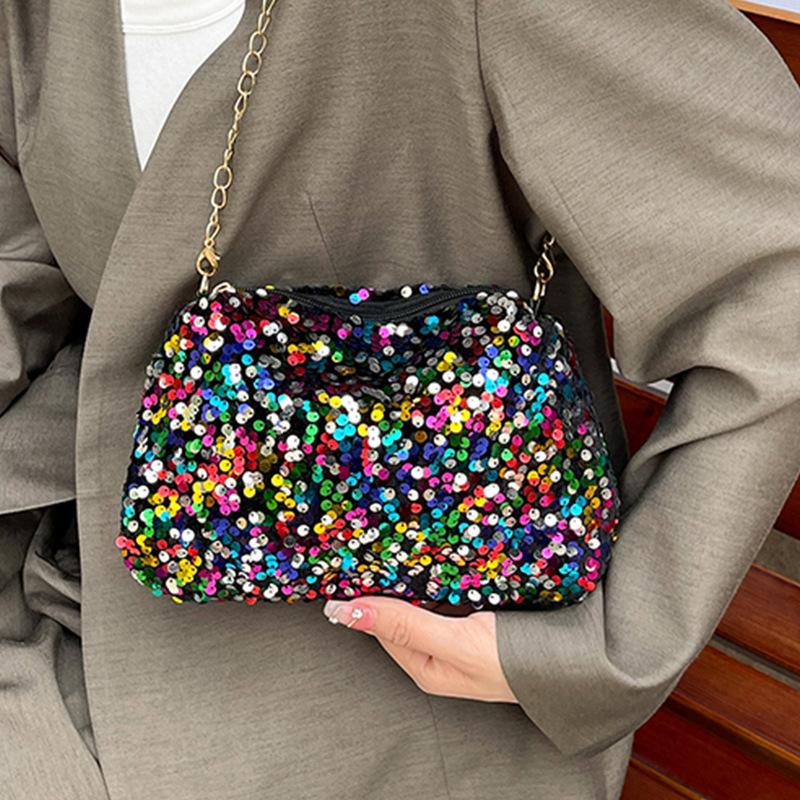 Personalized Sequined Small Bag Women's 2025 New Niche Texture Shoulder Messenger Bag Temperament Simple Chain Small Square Bag