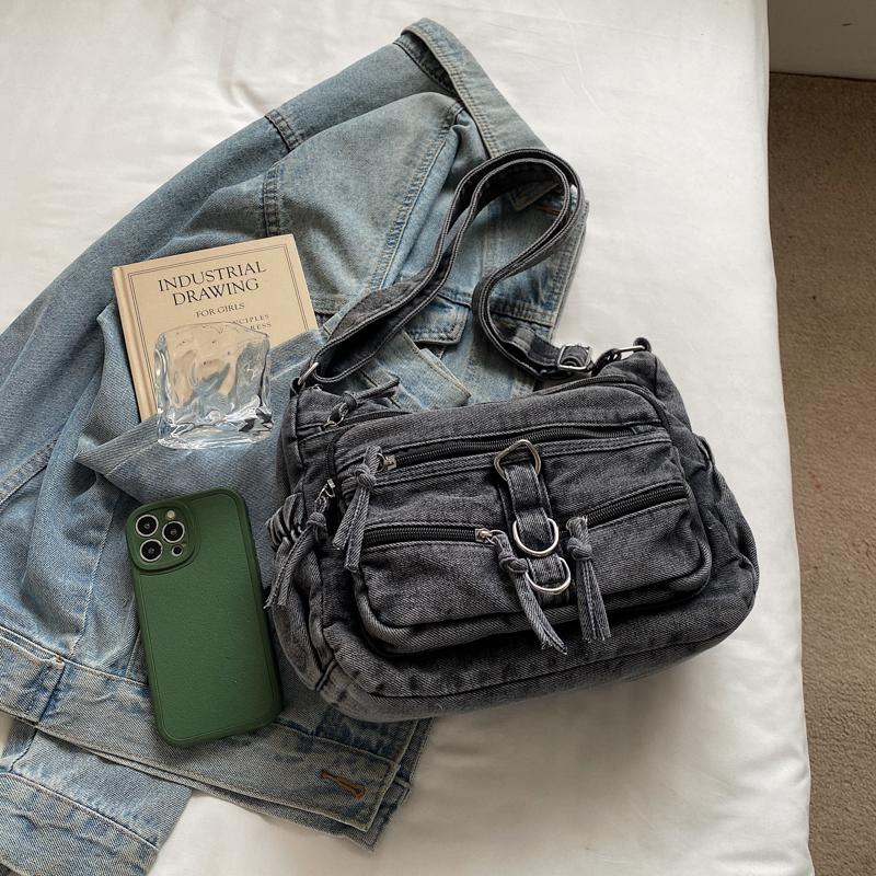 Women Crossbody Bag Vintage Shoulder Bag Multi-Layer Pocket Denim Bag