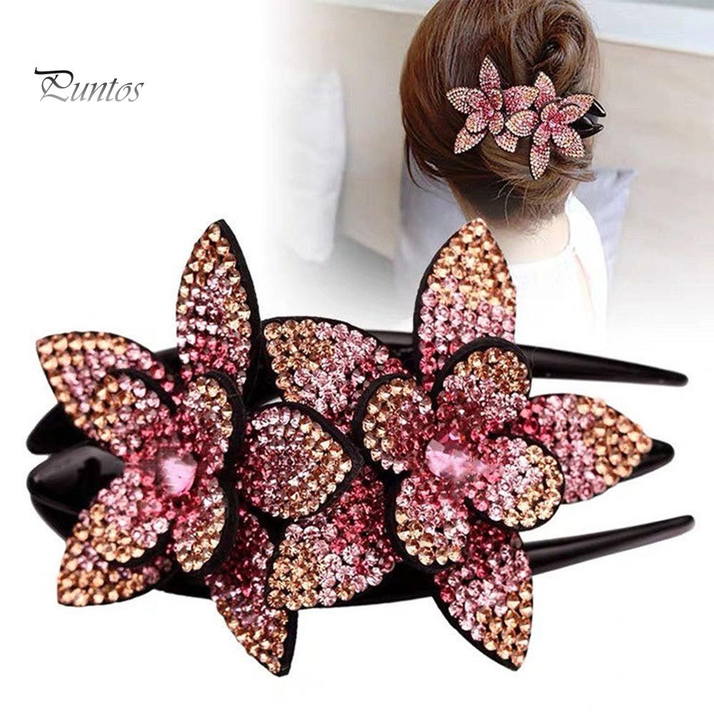 Women Elegant Flexible Rhinestone Flower Hair Clip Hairpin Claw Gift