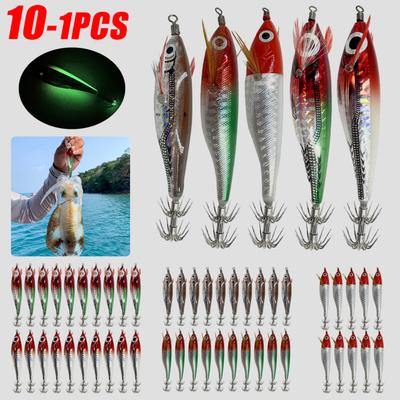 10-1 Stück Bionische Garnelenköder Horizontal Leuchtende Tintenfisch-Jig-Haken Meeresfischerei Zubehör Künstlicher Köder 9CM Tintenfischköder