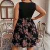 Women's Plus Size Sleeveless Color Block Printed Dress with Waist Tie for Casual Summer Wear