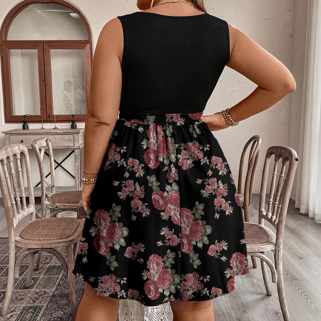 Women's Plus Size Sleeveless Color Block Printed Dress with Waist Tie for Casual Summer Wear