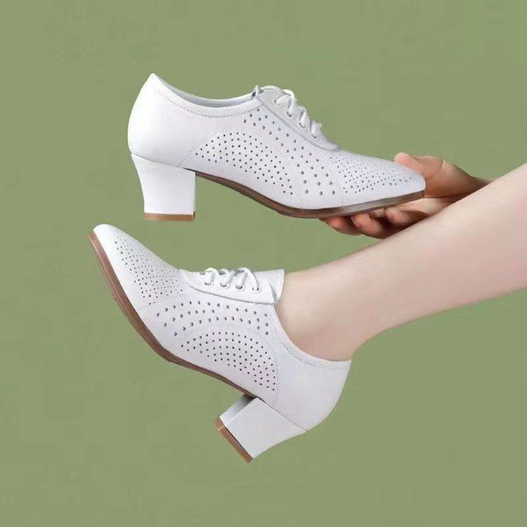 Spring and Summer New Women's Shoes Breathable Medium and High Heel Small Leather Shoes Dancing Women's Shoes Hollow Breathable Mother Casual Shoes